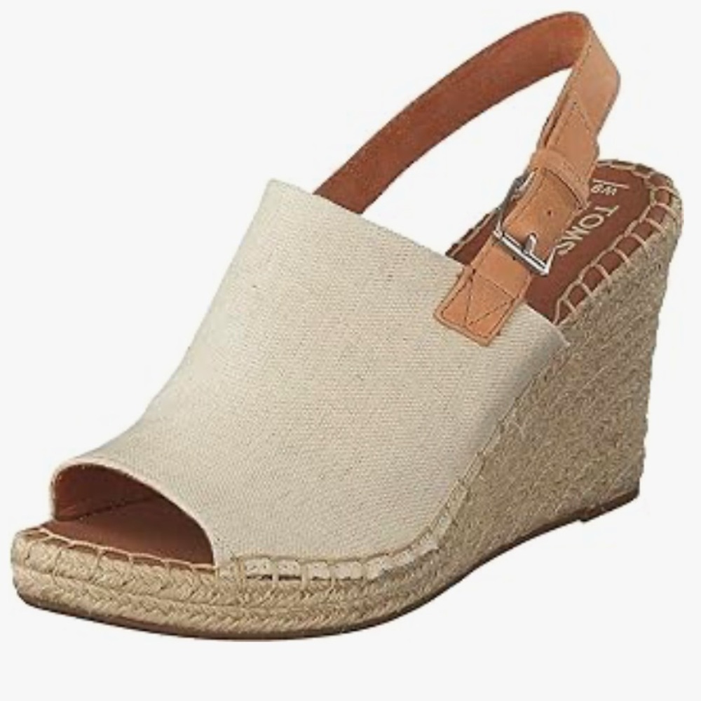 Toms Cream Canvas and Tan Leather Espadrille Wedge Sandals